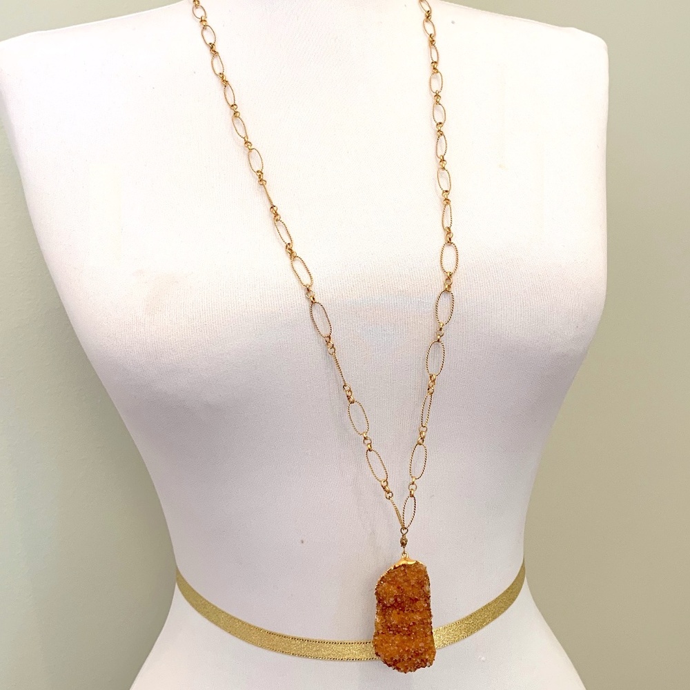 Amber Druzy Pendant on Delicate Gold Link Chain